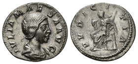 JULIA MAESA (Augusta, 218-224/5). Denarius. Rome.
Obv: IVLIA MAESA AVG.
Draped bust right.
Rev: PVDICITIA.
Pudicitia seated left on throne, drawing ve...