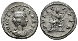 JULIA MAESA (Augusta, 218-224/5). Denarius. Rome.
Obv: IVLIA MAESA AVG.
Draped bust right.
Rev: PVDICITIA.
Pudicitia seated left on throne, drawing ve...