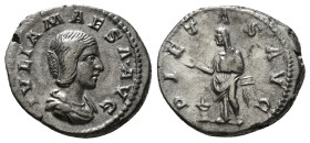 JULIA MAESA (Augusta, 218-224/5). Denarius. Rome.
Obv: IVLIA MAESA AVG.
Draped bust right.
Rev: PIETAS AVG.
Pietas standing left, holding box and drop...