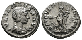 JULIA MAESA (Augusta, 218-224/5). Denarius. Rome.
Obv: IVLIA MAESA AVG.
Draped bust right.
Rev: SAECVLI FELICITAS.
Felicitas standing left, holding ca...