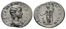 JULIA MAMAEA (Augusta, 222-235). Denarius. Rome.
Obv: IVLIA MAMAEA AVG.
Draped bust right.
Rev: IVNO CONSERVATRIX.
Juno standing left, holding patera ...