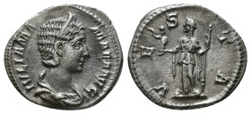 JULIA MAMAEA (Augusta, 222-235). Denarius. Rome.
Obv: IVLIA MAMAEA AVG.
Diademed and draped bust right.
Rev: VESTA.
Vesta standing left, holding scept...