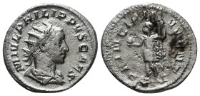 PHILIP II (Caesar, 244-247). Antoninianus. Rome.
Obv: M IVL PHILIPPVS CAES.
Radiate and draped bust right.
Rev: PRINCIPI IVVENT.
Philip standing left,...