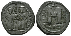 JUSTIN II, with SOPHIA (565-578). Follis.
Obv: D N IVSTINVS PP AVG.
Justin and Sophia seated facing on double throne, holding globus cruciger and cruc...