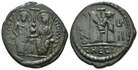 JUSTIN II, with SOPHIA (565-578). Follis.
Obv: D N IVSTINVS PP AVG.
Justin and Sophia seated facing on double throne, holding globus cruciger and cruc...