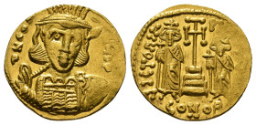 CONSTANTINE IV POGONATUS, with HERACLIUS and TIBERIUS (668-685). GOLD Solidus. Constantinople.
Obv: δ N CONSTNЧS PP'.
Diademed, helmeted and cuirassed...