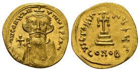 CONSTANS II (641-668). GOLD Solidus. Constantinople.
Obv: δ N CONSTANTINUS P P AV.
Crowned and draped facing bust, with long beard and moustache, hold...