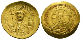 CONSTANTINE IX MONOMACHUS (1042-1055). GOLD Histamenon Nomisma. Constantinople.
Obv: + IҺS XIS RЄX RЄGNANTIҺM.
Facing bust of Christ Pantokrator.
R...