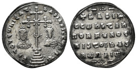 BASIL II BULGAROKTONOS with CONSTANTINE VIII (976-1025). Miliaresion. Constantinople.
Obv: ЄҺ TOVTω ҺCA ЬASILЄ C COҺS.
Cross crosslet with central X a...