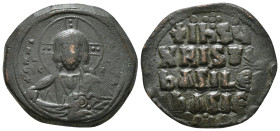 ANONYMOUS FOLLES. Class A3. Attributed to Basil II & Constantine VIII (1020-1028). Constantinople.
Obv: + ЄMMANOVHΛ / IC - XC.
Facing bust of Christ P...