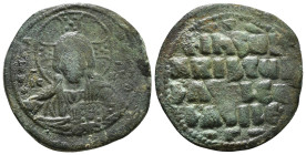 ANONYMOUS FOLLES. Class A3. Attributed to Basil II & Constantine VIII (1020-1028). Constantinople.
Obv: + ЄMMANOVHΛ / IC - XC.
Facing bust of Christ P...