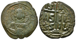ANONYMOUS FOLLES. Class B. Attributed to Romanus III (1028-1034).
Obv: + EMMA NOVHΛ / IC - XC.
Bust of Christ facing, holding book of Gospels and wear...