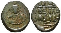 ANONYMOUS FOLLES. Class B. Attributed to Romanus III (1028-1034).
Obv: + EMMA NOVHΛ / IC - XC.
Bust of Christ facing, holding book of Gospels and wear...