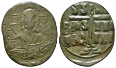 ANONYMOUS FOLLES. Class B. Attributed to Romanus III (1028-1034).
Obv: + EMMA NOVHΛ / IC - XC.
Bust of Christ facing, holding book of Gospels and wear...
