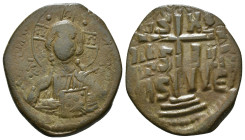ANONYMOUS FOLLES. Class B. Attributed to Romanus III (1028-1034).
Obv: + EMMA NOVHΛ / IC - XC.
Bust of Christ facing, holding book of Gospels and wear...
