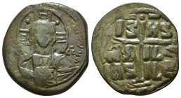 ANONYMOUS FOLLES. Class B. Attributed to Romanus III (1028-1034).
Obv: + EMMA NOVHΛ / IC - XC.
Bust of Christ facing, holding book of Gospels and wear...