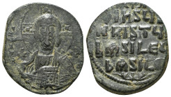 ANONYMOUS FOLLES. Class A3. Attributed to Basil II & Constantine VIII (1020-1028). Constantinople.
Obv: + ЄMMANOVHΛ / IC - XC.
Facing bust of Christ P...