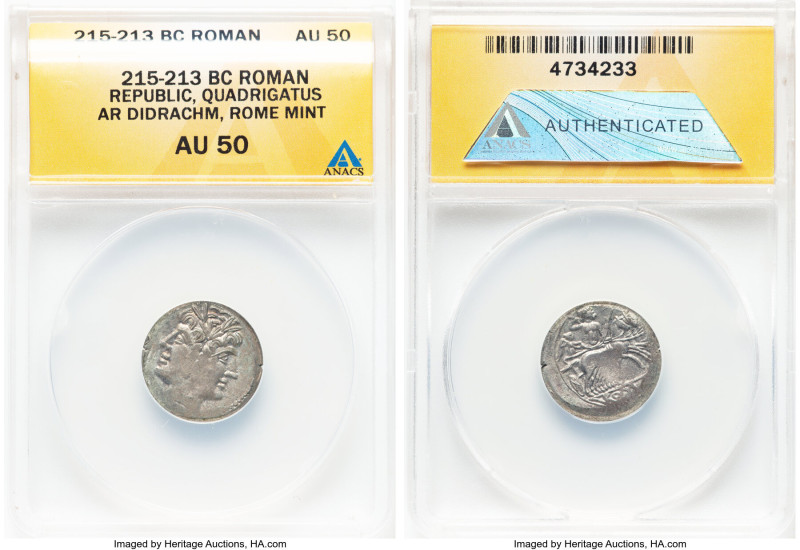 Anonymous (ca. 225-214/2 BC). AR didrachm or quadrigatus (18mm, 12h). ANACS AU 5...
