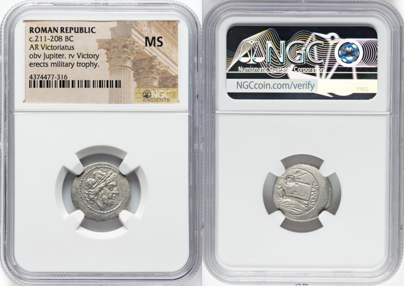 Anonymous (ca. 211-208 BC). AR victoriatus (18mm, 10h). NGC MS. Uncertain mint. ...