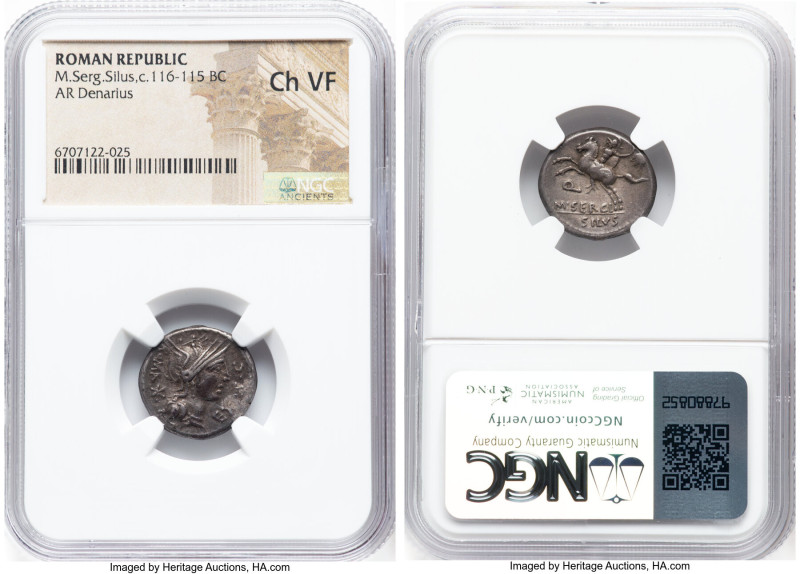 M. Sergius Silus (ca. 116-115 BC). AR denarius (17mm, 6h). NGC Choice VF. Rome, ...