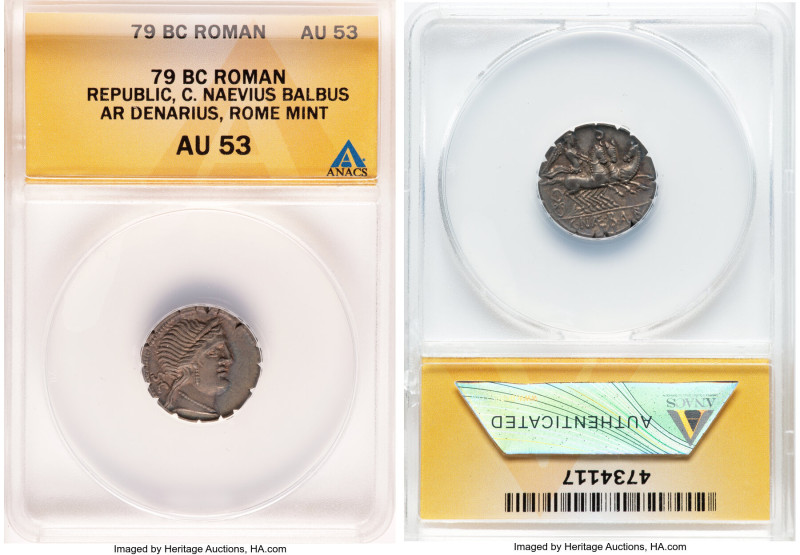 C. Naevius Balbus (ca. 79 BC). AR serratus denarius (18mm, 5h). ANACS 53. Rome. ...