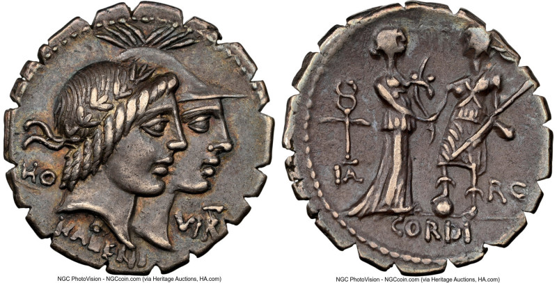 Q. Fufius Calenus & Mucius Cordus (ca. 70/68 BC). AR serratus denarius (20mm, 3....