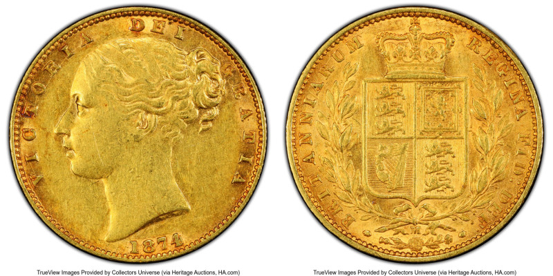 Victoria gold "Shield" Sovereign 1874-M AU53 PCGS, Melbourne mint, KM6, S-3854. ...
