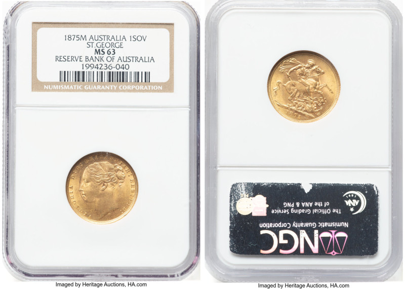 Victoria gold "St. George" Sovereign 1875-M MS63 NGC, Melbourne mint, KM7. Ex. R...