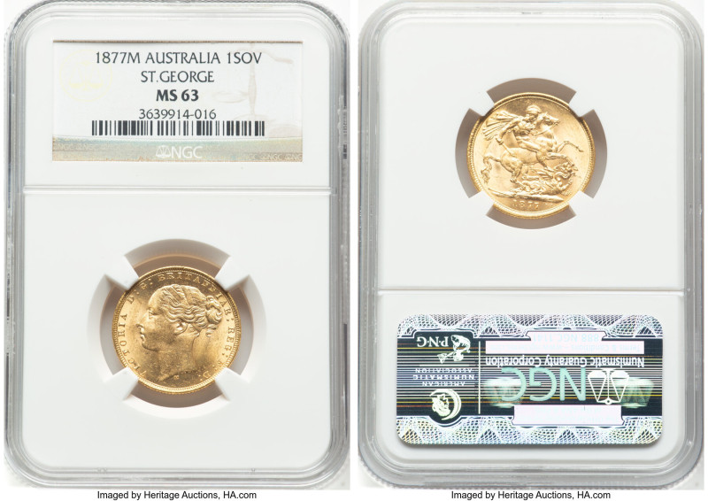Victoria gold "St. George" Sovereign 1877-M MS63 NGC, Melbourne mint, KM7, S-385...
