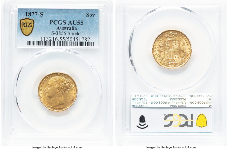 Victoria gold "Shield" Sovereign 1877-S AU55 PCGS, Sydney mint, KM6, S-3855. HID...