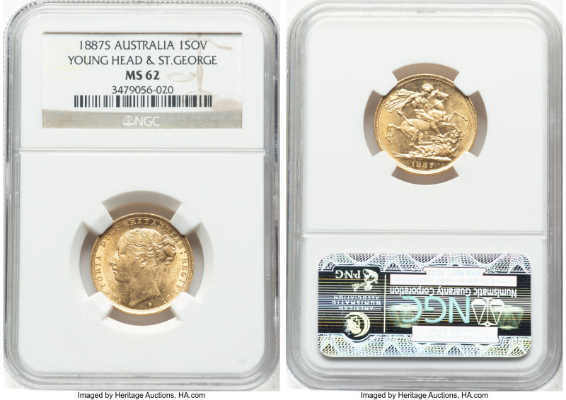 Victoria gold "St. George" Sovereign 1887-S MS62 NGC, Sydney mint, KM7, S-3858E....