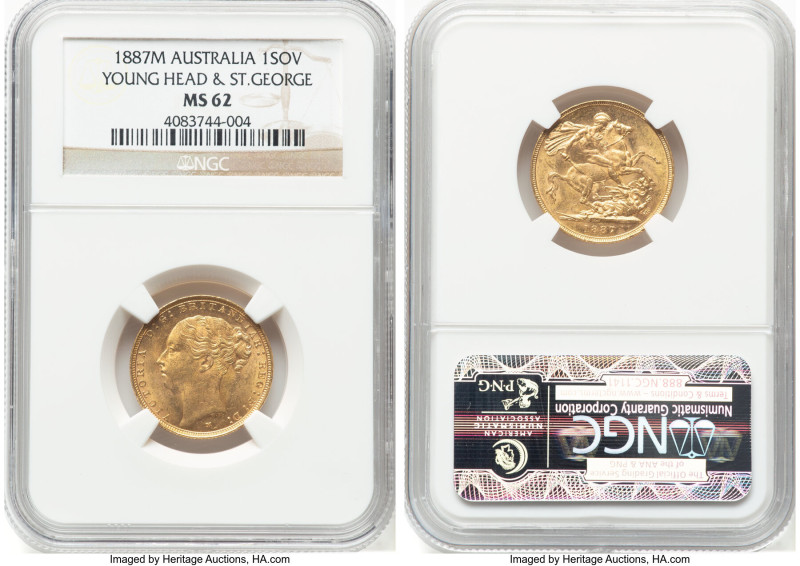 Victoria gold "St. George" Sovereign 1887-M MS62 NGC, Melbourne mint, KM7, S-385...