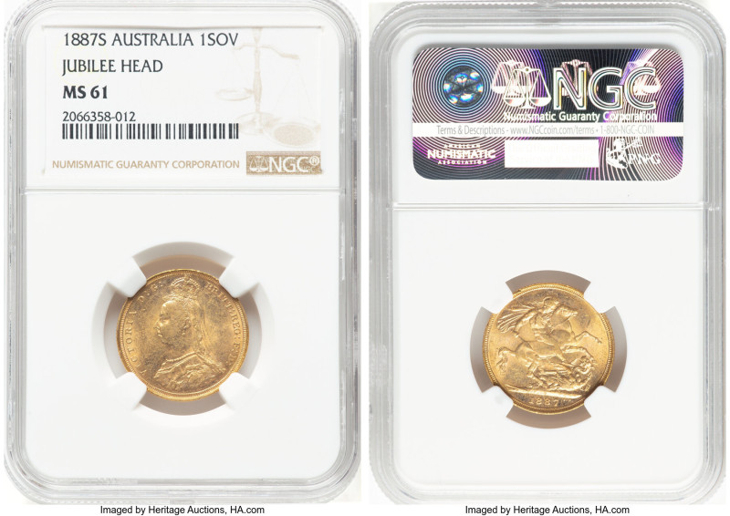 Victoria gold "Jubilee Head" Sovereign 1887-S MS61 NGC, Sydney mint, KM10. HID09...