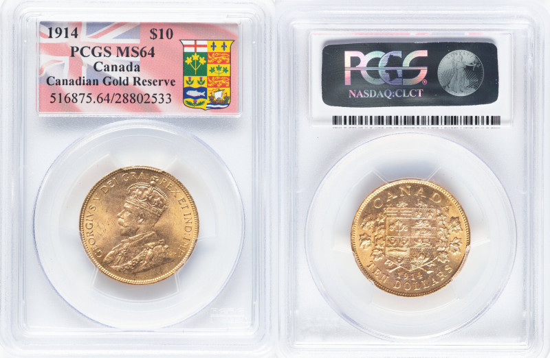 George V gold 10 Dollars 1914 MS64 PCGS, Ottawa mint, KM27, Fr-3. Ex. Canadian G...