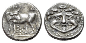 Mysia, Parion. 4th century BC. AR Hemidrachm (13mm, 2.30g, 12h). Bull standing l., head r.; pellet between hind legs. R/ Gorgoneion. SNG Ashmolean –; ...