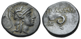 Mysia, Pergamon, in the name of King Philetairos, c. 281-133 BC. Æ (2.35g, 16mm, 12h). Helmeted head of Athena right. R/ Coiled serpent. SNG BnF 1658;...