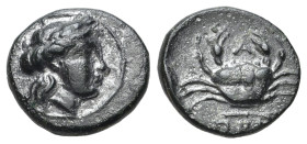 Mysia, Priapos, c. 300-200 BC. Æ (1.32g, 12mm, 11h). Laureate head of Apollo right. R/ Crab, strung harpa below, A above. SNG von Aulock 7526; Klein 2...