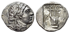 Lycia, Kyaneai as a member of the Lycian League (167-81 BC). AR Drachm (14mm, 1.72g, 12h). Laureate head of Apollo r., bow and quiver over shoulder. R...