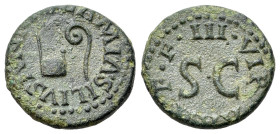 Augustus (27 BC-AD 14). Æ Quadrans (16mm, 2.93g, 6h). Rome, 9 BC. Round simpulum and lituus, R/ III VIR A A A F F, round S C. RIC 421; BMCRE 201.
