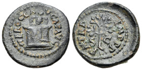Nero (54-68). Æ Quadrans (16mm, 1.95g, 6h). Rome, c. AD 64. Owl standing facing on garlanded altar. R/ Laurel-branch. RIC I 258.