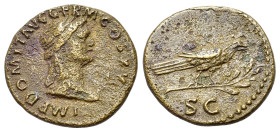 Domitian (81-96). Æ Semis (18mm, 2.90g, 6h). Rome. Laureate and draped bust of Apollo r., laurel branch before. R/ Raven standing r. on laurel branch....