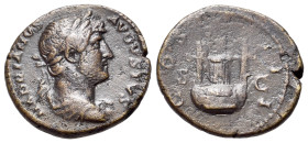 Hadrian (117-138). Æ Semis (19mm, 4.28g, 6h). Rome. Head of Hadrian, laureate, r. R/COS III, S - C. Lyre. RIC 688.