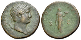Hadrian (117-138). Æ Dupondius (25mm, 11.87g, 6h). Rome. Radiate head r., slight drapery. R/ COS III. Fides standing right, holding grain ears and pla...