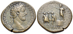 Commodus (177-192). Æ Sestertius (31mm, 25.21g, 12h). M COMMODVS ANT P FELIX AVG BRIT, laureate head to r. / P M TR P XII IMP VII COS V P P, Commodus ...