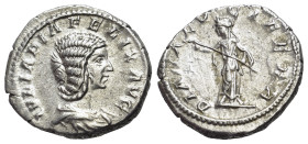 Julia Domna (Augusta, 193-217). AR Denarius (18mm, 2.81g, 6h). Rome. IVLIA PIA FELIX AVG. Draped bust right. R/DIANA LVCIFERA. Diana standing facing, ...