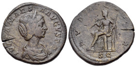 Julia Maesa (Augusta, 218-224). Rome. Æ Sestertius (30mm, 16.74g, 12h). Diademed and draped bust to r. R/ Pudicitia seated to left, raising veil and h...
