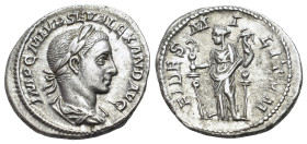 Severus Alexander (222-235). AR Denarius (19mm, 3.29g, 12h). Rome. IMP C M AVR SEV ALEXAND AVG. Laureate and draped bust right. R/FIDES MILITVM. Fides...