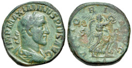 Maximinus Thrax (235-238). Æ Sestertius. Rome. Laureate, draped and cuirasseds bust r. R/Victory advancing right, holding wreath and palm. RIC 67.