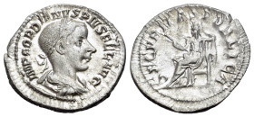 Gordian III (238-244). AR Denarius (21mm, 2.79g), circa 241. Laureate, draped and cuirassed bust r. R/Securitas seated l., holding sceptre and proppin...