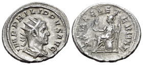 Philip I (244-249). AR Antoninianus (22.8mm, 4.90g), c. 244-247. Radiate, draped and cuirassed bust r. R/Roma, helmeted, draped, seated l., holding Vi...